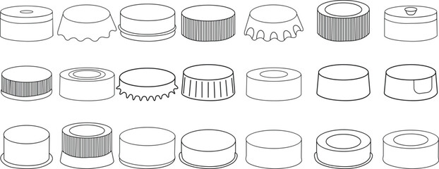 Bottle caps icon set, Reuse plastic caps. Pixel Perfect Vector Thin Line Icons. Simple Minimal Pictogram elements, Drinking bottle cap, Soda bottle cap silhouette. isolated on transparent background