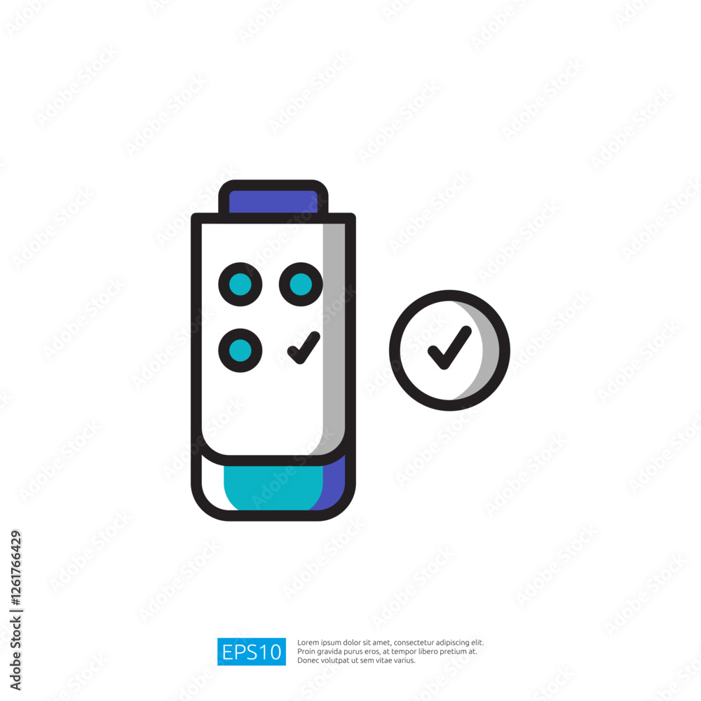 Poster a simple illustration icon of a battery with three indicator dots and a checkmark symbol, suggesting