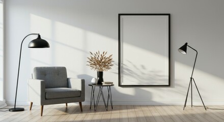 minimalist interior design, Scandinavian style living room, gray armchair, large floor mirror, black floor lamp, small side table with vase, white walls, natural light, shadow play, hardwood flooring,