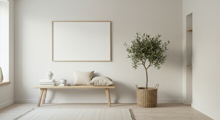Minimalist interior, Scandinavian design, Wooden bench, Potted olive tree, Large white canvas, Neutral color palette, Beige walls, Hardwood flooring, Natural light, Spacious room, Clean lines, Zen atm
