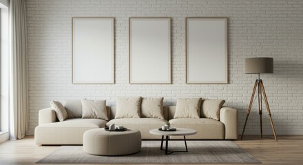Modern minimalist living room, neutral colors, beige sofa, round coffee table, tripod floor lamp, large windows, natural light, empty picture frames, wooden floor, cozy interior design, contemporary d
