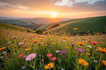 Fototapeta premium Colorful Flower Field at Sunset with Rolling Hills and Warm Glow