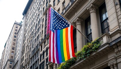 Fototapeta premium Pride Flag and American Flag Hanging on a Historic Building in New York City