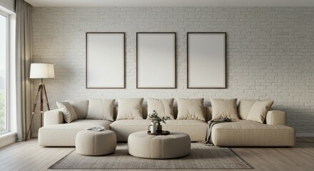 Modern minimalist living room, neutral colors, beige sofa, round coffee table, tripod floor lamp, large windows, natural light, empty picture frames, wooden floor, cozy interior design, contemporary d