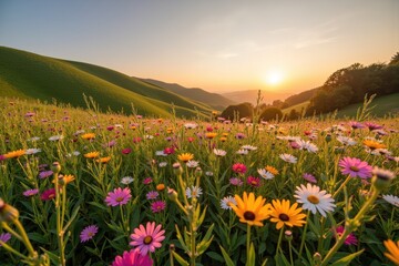 Obraz premium Colorful Flower Field at Sunset with Rolling Hills and Warm Glow