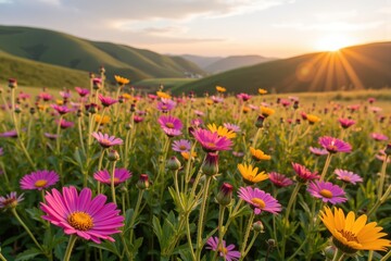 Obraz premium Colorful Flower Field at Sunset with Rolling Hills and Warm Glow