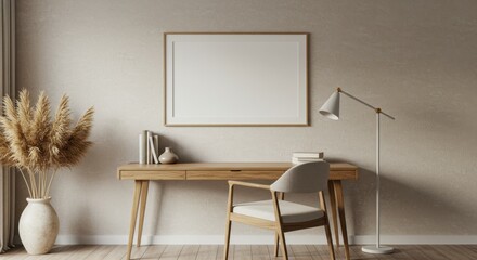 Minimalist home office, wooden desk, white brick wall, empty picture frame, task lamp, pampas grass in vase, neutral tones, Scandinavian design, cozy workspace, natural light, simple chair, clean line