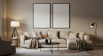 Minimalist living room, neutral color palette, beige sofa, wooden coffee table, floor lamp, table lamp, textured wall, framed art prints, cozy interior design, natural light, earthy tones, contemporar