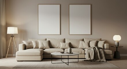 Minimalist living room, neutral color palette, beige sofa, wooden coffee table, floor lamp, table lamp, textured wall, framed art prints, cozy interior design, natural light, earthy tones, contemporar