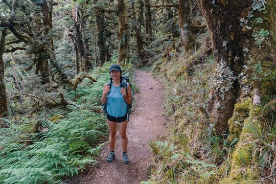Hiker enjoying a mossy forest trail. Woman with backpack on a scenic path. Nature photography. , Lake Waikaremoana Track, Hawkes Bay, New Zealand - Powered by Adobe
