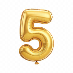 realistic 3d number 5 with made by the 3d ballon in different gold colour style isolated on white background