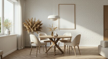 Interior design, minimalist dining room, round wooden table, upholstered chairs, pendant light, white walls, textured wallpaper, pampas grass decor, neutral color palette, empty frame, natural light, 