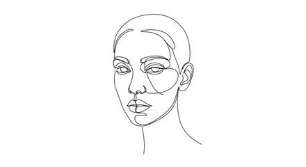 facial sketch, minimalist line drawing, human face, frontal view, symmetrical features, bald head, intense gaze, simple contours, black and white, artistic portrait, clean lines, unfinished sketch, fo