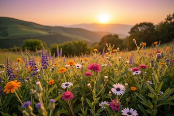 Colorful Flower Field at Sunset with Rolling Hills and Warm Glow