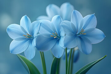 Fototapeta premium A close-up photograph of vivid blue scilla flowers with dew drops on petals. Muted background, soft lighting, and shallow depth of field.