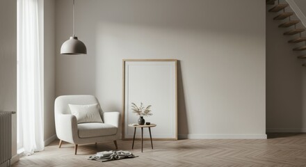 Fototapeta premium Minimalist living room, white brick wall, wooden floor, cozy armchair, blank picture frame, industrial pendant light, metal ladder, potted plant, throw blanket, sunlight and shadows, neutral tones, Sc