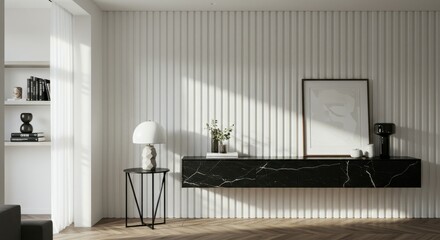 Modern minimalist reception desk, sleek black marble counter, warm wood paneling, indirect lighting, geometric wall texture, white ribbed wall, table lamp, abstract sculptures, contemporary interior d