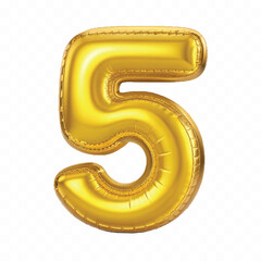 realistic 3d number 5 with made by the 3d ballon in different gold colour style isolated on white background