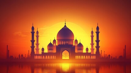 Silhouette of a grand mosque at sunset, reflected in calm water. Warm orange and red hues dominate the sky