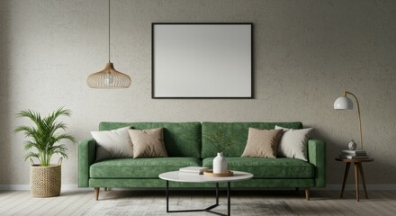 Modern living room, green velvet sofa, minimalist decor, white brick wall, hanging pendant lights, wooden coffee table, large empty frame, potted plant, neutral color palette, cozy atmosphere, texture