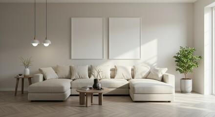 Minimalist living room, Scandinavian design, white L-shaped sofa, wooden coffee table, hanging pendant light, potted indoor plant, large windows, natural light, beige walls, empty canvas frames, cozy 