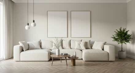 Minimalist living room, Scandinavian design, white L-shaped sofa, wooden coffee table, hanging pendant light, potted indoor plant, large windows, natural light, beige walls, empty canvas frames, cozy 