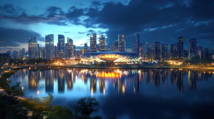 Obraz premium Night Scene of a Modern City Skyline Reflected in a Calm Lake at Dusk, Illuminated Buildings and Stadium