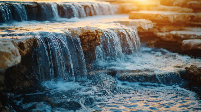 Cascading waterfall flowing on rocky terrain with golden sunset light reflecting on crystal clear water surface - Powered by Adobe