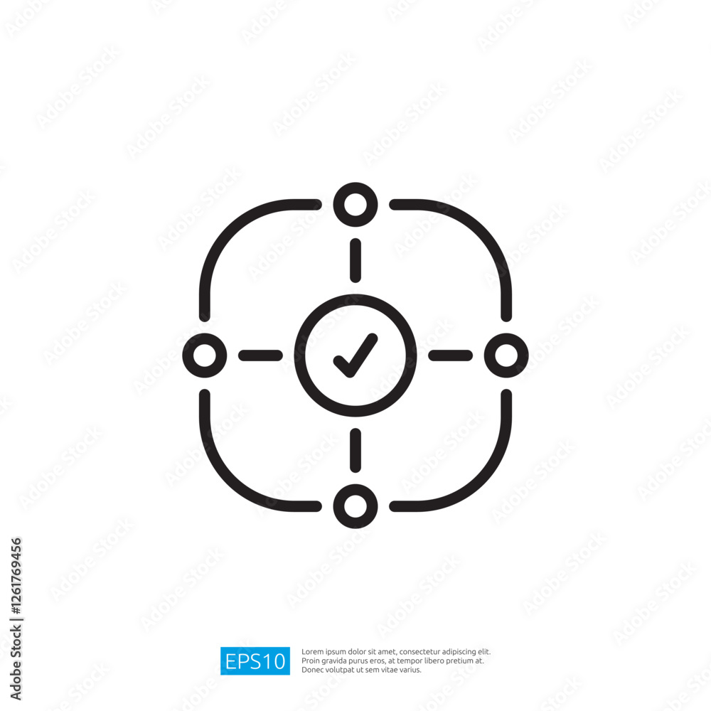 Poster a simple line icon representing a network or system with a checkmark at the center, symbolizing vali