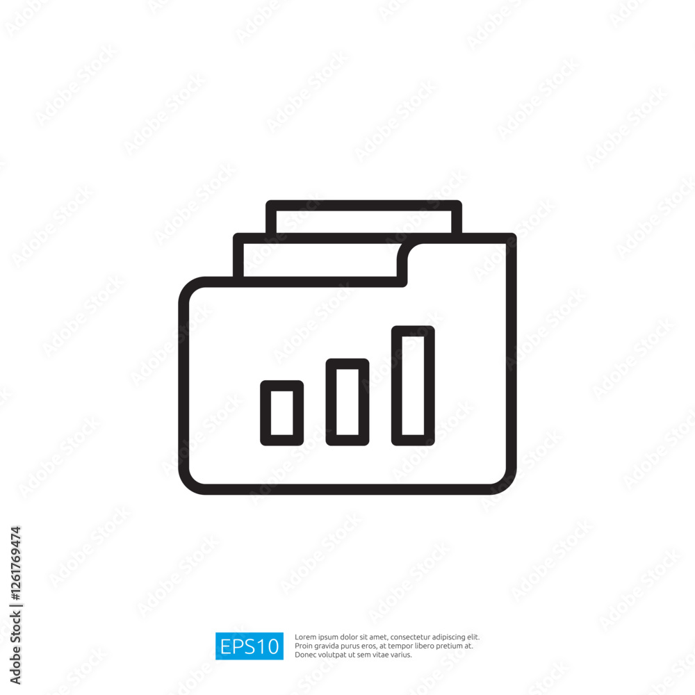 Poster a simple line drawing of a folder with documents and a bar graph, representing data organization and