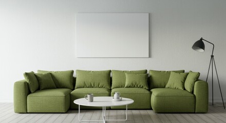 modern living room, minimalist design, large green sectional sofa, white walls, empty canvas on wall, round white coffee table, floor lamp, natural light, neutral tones, spacious interior, clean lines