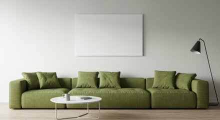 modern living room, minimalist design, large green sectional sofa, white walls, empty canvas on wall, round white coffee table, floor lamp, natural light, neutral tones, spacious interior, clean lines