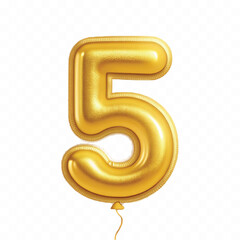 realistic 3d number 5 with made by the 3d ballon in different gold colour style isolated on white background