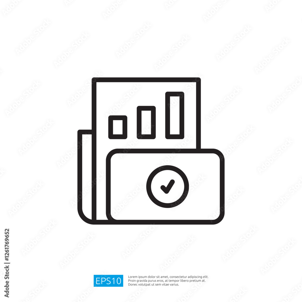 Poster a minimalist graphic of a document with bar charts and a checkmark, symbolizing data analysis and va