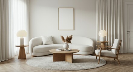 Minimalist living room, curved white sofa, wooden accent chair, round coffee table, neutral tones, large round rug, pendant light, sheer curtains, bright interior, Scandinavian design, clean lines, na