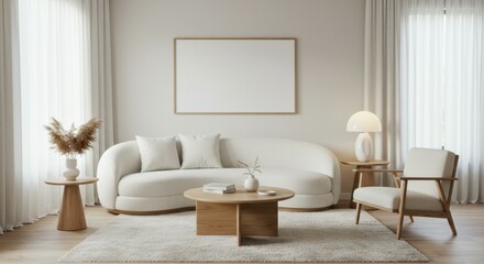 Minimalist living room, curved white sofa, wooden accent chair, round coffee table, neutral tones, large round rug, pendant light, sheer curtains, bright interior, Scandinavian design, clean lines, na