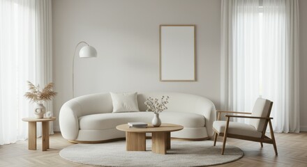 Minimalist living room, curved white sofa, wooden accent chair, round coffee table, neutral tones, large round rug, pendant light, sheer curtains, bright interior, Scandinavian design, clean lines, na