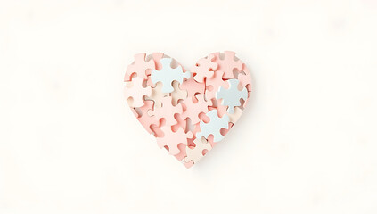Fototapeta premium A heart made of interlocking puzzle pieces floating in a soft pastel background. A conceptual image symbolizing love, relationships, unity, and finding one’s missing piece.