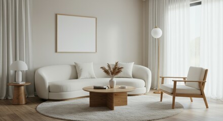 Minimalist living room, Scandinavian design, neutral color palette, curved white sofa, wooden coffee table, beige armchair, round cream rug, pendant light, table lamp, white walls, framed artwork, pot