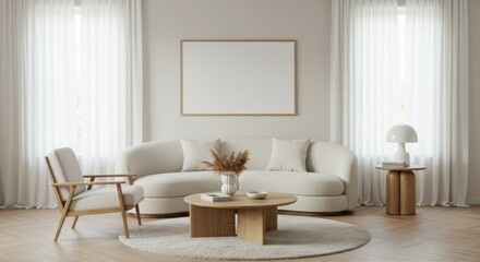 Minimalist living room, Scandinavian design, neutral color palette, curved white sofa, wooden coffee table, beige armchair, round cream rug, pendant light, table lamp, white walls, framed artwork, pot