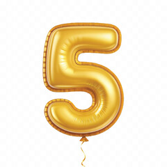 realistic 3d number 5 with made by the 3d ballon in different gold colour style isolated on white background