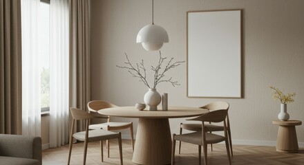Obraz premium Minimalist dining room, round wooden table, mid-century modern chairs, neutral tones, beige walls, white curtains, arched floor lamp, white vase with branches, framed artwork, natural light, Scandinav