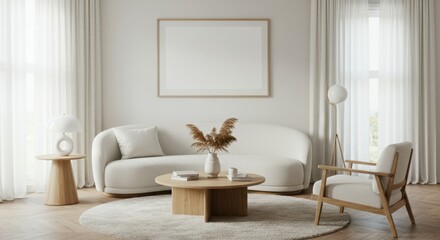 minimalist living room, curved white sofa, abstract art, floor lamp, monochromatic palette, textured wall, dried pampas grass, soft lighting, modern design, cozy atmosphere, zen interior, clean lines,