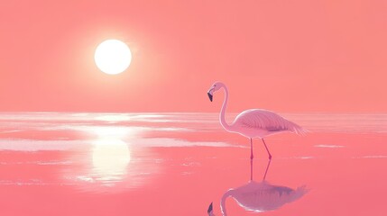 Fototapeta premium Flamingo stands in water at sunset casting a reflection