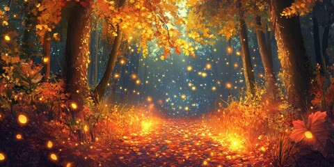Enchanted autumn forest path glows with ethereal light