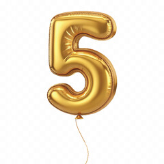 realistic 3d number 5 with made by the 3d ballon in different gold colour style isolated on white background