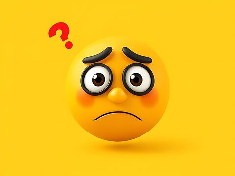 Yellow Sad Emoji with Question Mark: Confused, Disappointed, or Puzzled Emoticon Character on Solid Background
