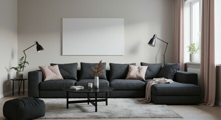 modern living room, minimalist interior design, dark gray sectional sofa, light pink throw pillows, round black coffee table, industrial style floor lamps, white textured wall art, beige walls, hardwo