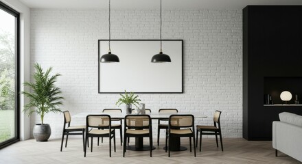 Modern minimalist dining room, Scandinavian design, black pendant lights, wooden dining table, black chairs, white walls, large white canvas, potted plant, black accent wall, hardwood floors, natural 