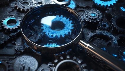 Magnifying glass on gears, analyzing technology